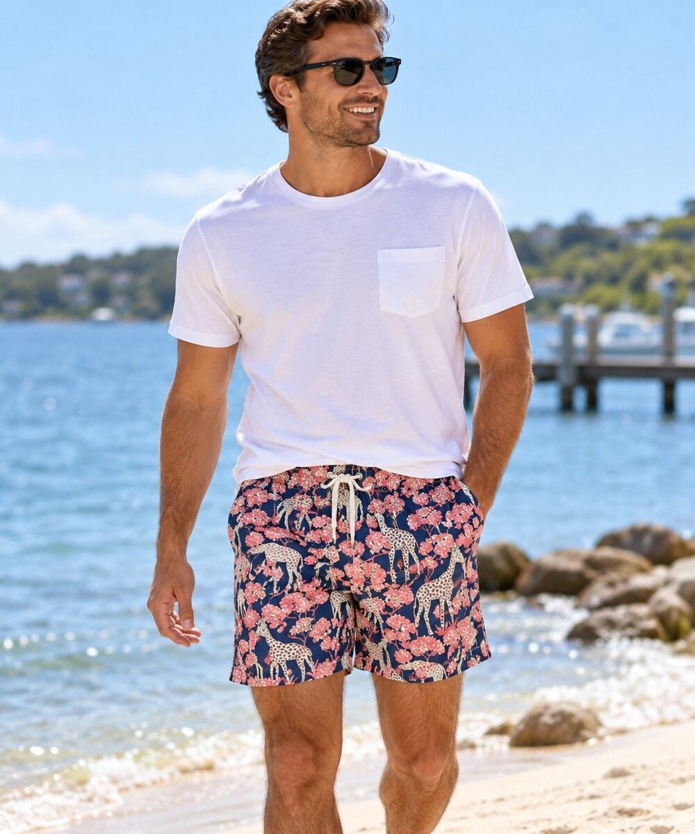 Allen Edmonds Pink Blue Giraffe Print Swim Trunks Sz M